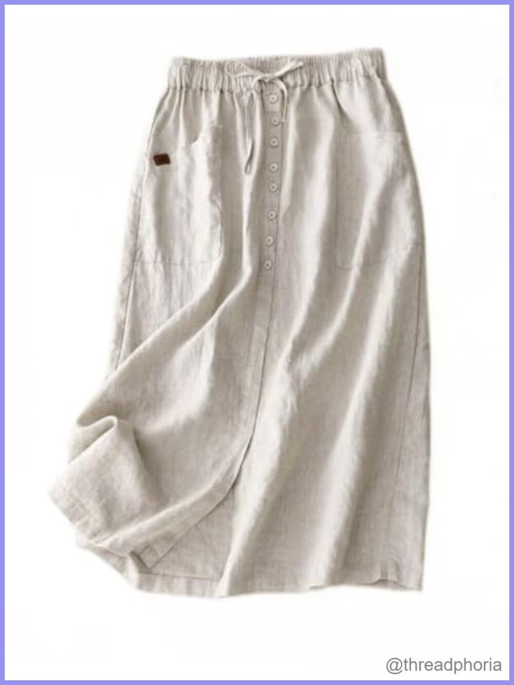 Womens Cotton Linen A-Line Midi Skirt High Elastic Waist Slit Pockets Casual